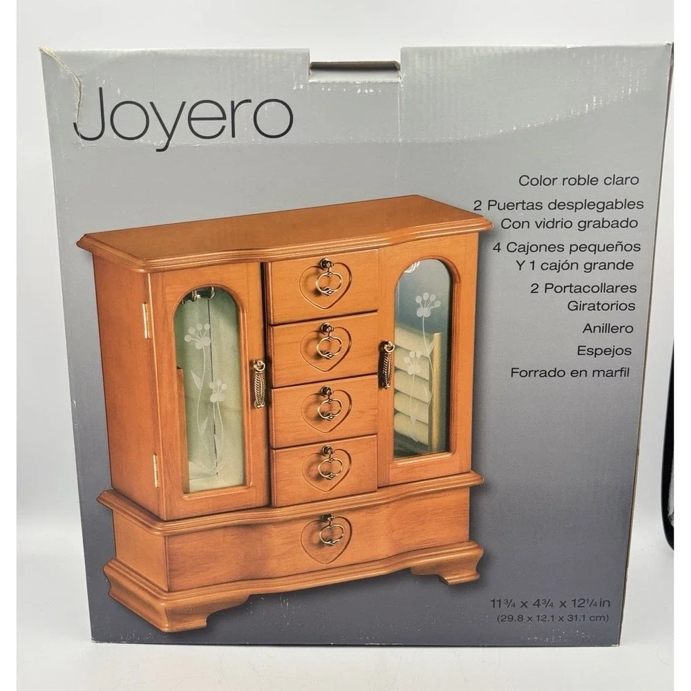 Joyero jewelry armoire features five drawers, two side doors NEW